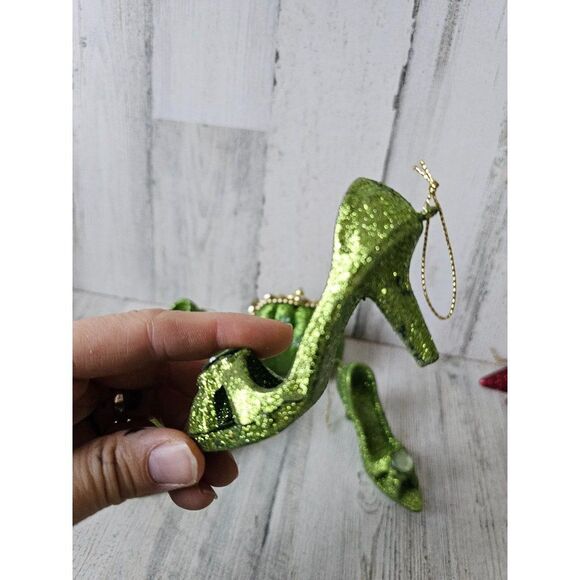 Green sparkle glitter stiletto heel shoe per set ornament Xmas tree purse - Picture 6 of 12